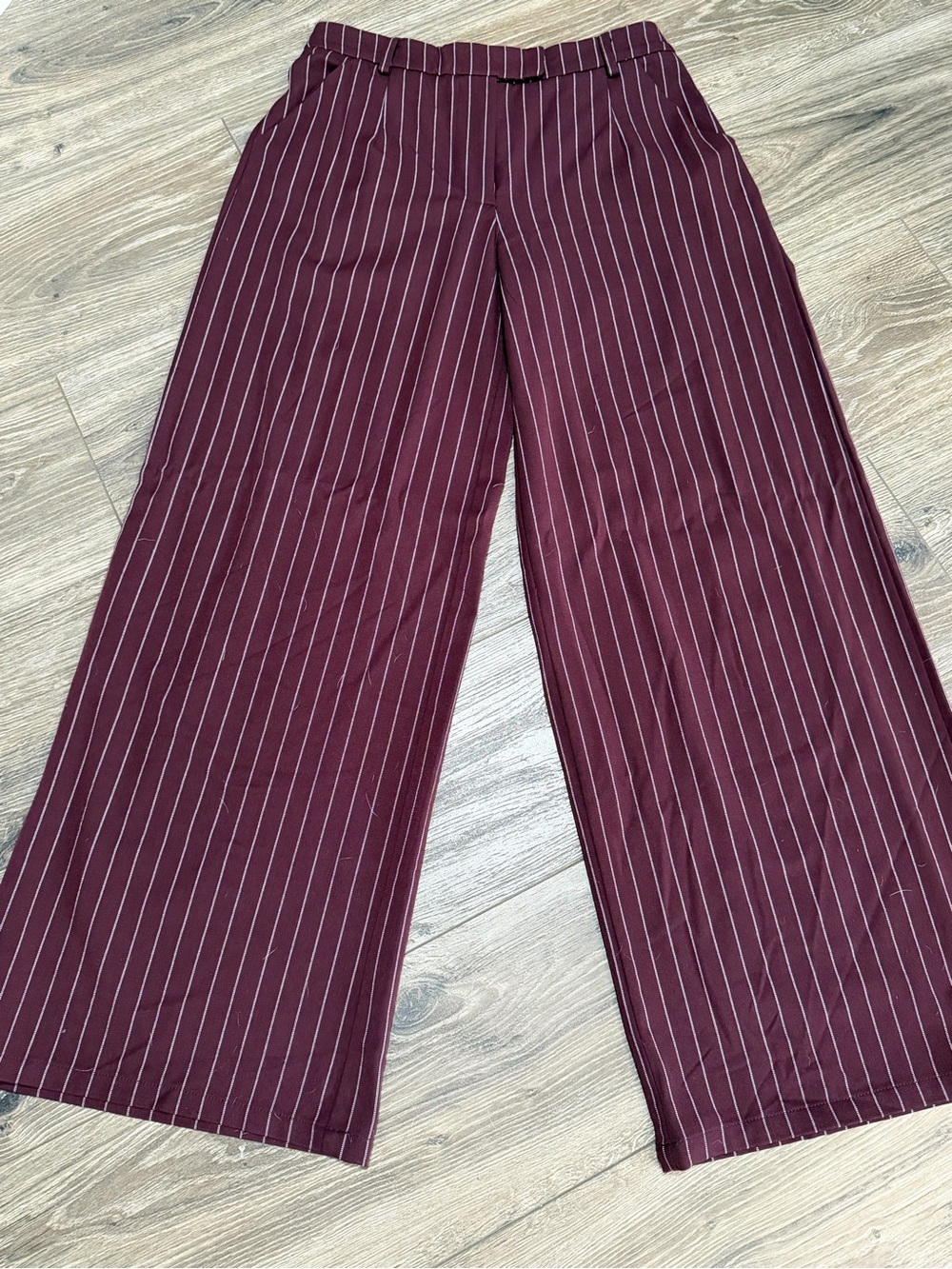 Wide-Leg Pinstripe Trousers in Burgundy